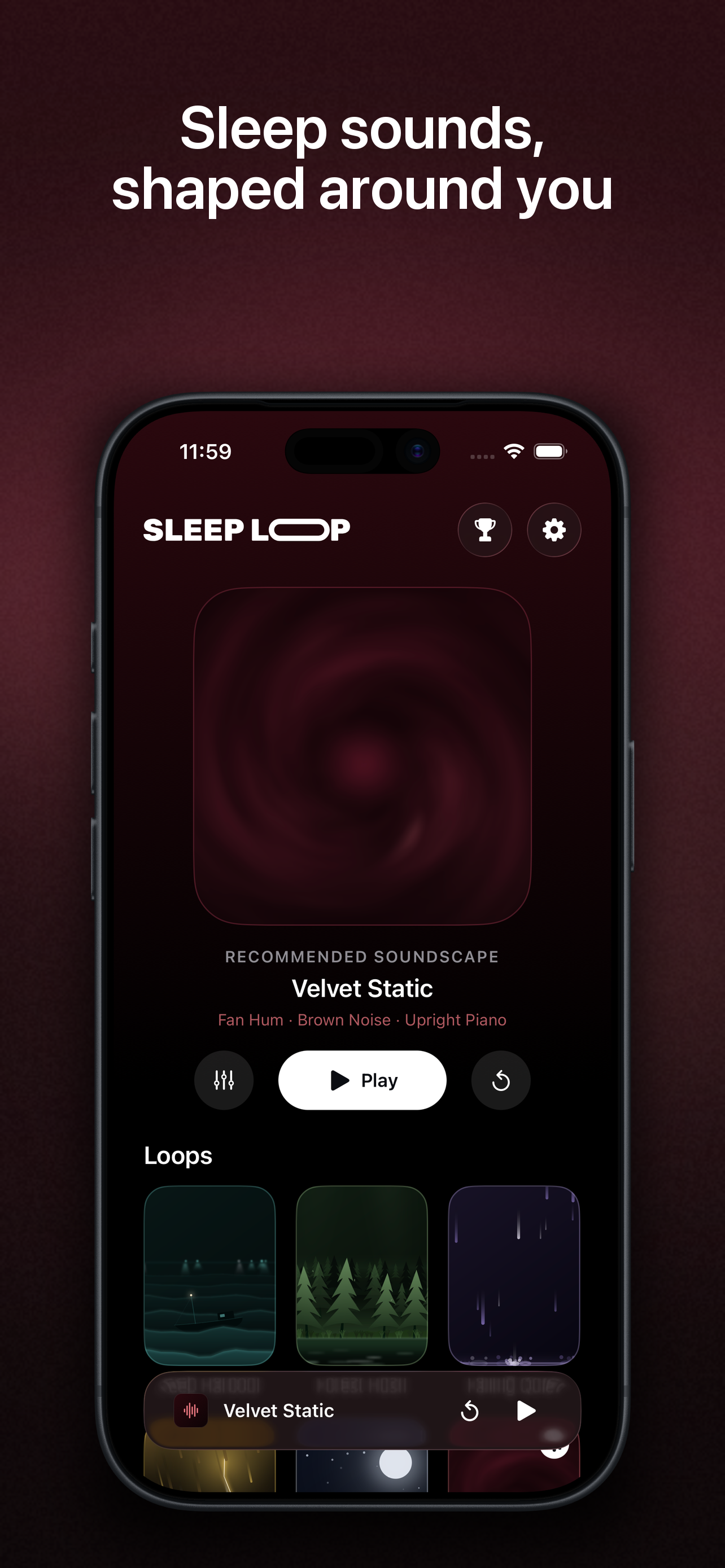 Sleep Loop home screen recommending the Velvet Static soundscape